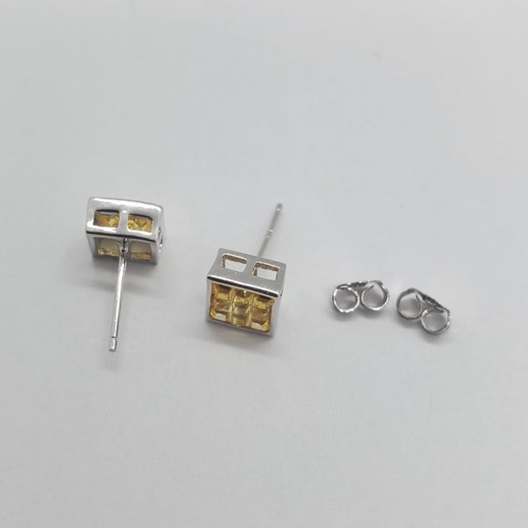 Men Sterling Silver 925 CZ Icy Bling 7mm Square.Studs  Sterling Silver 925 Rhodium Plated Square DC Yellow CZ Stud Earrings